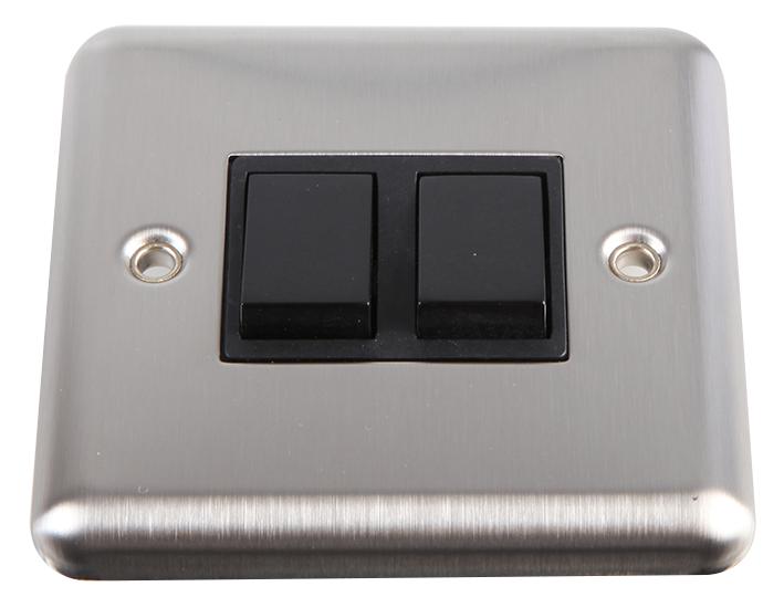 2 Gang 2 Way 10AX Light Switch Brushed Stainless Steel Black Volex