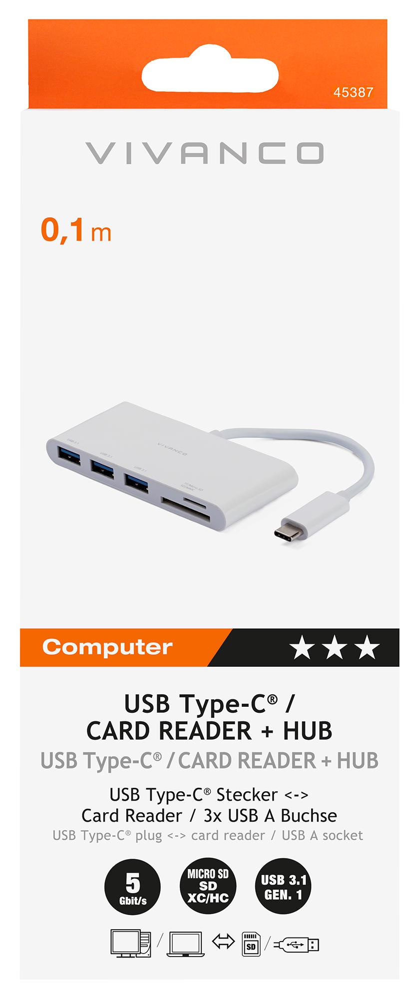 USBC USB 3.1 Gen 1 Hub & Card Reader, 3x USBA Vivanco CPC