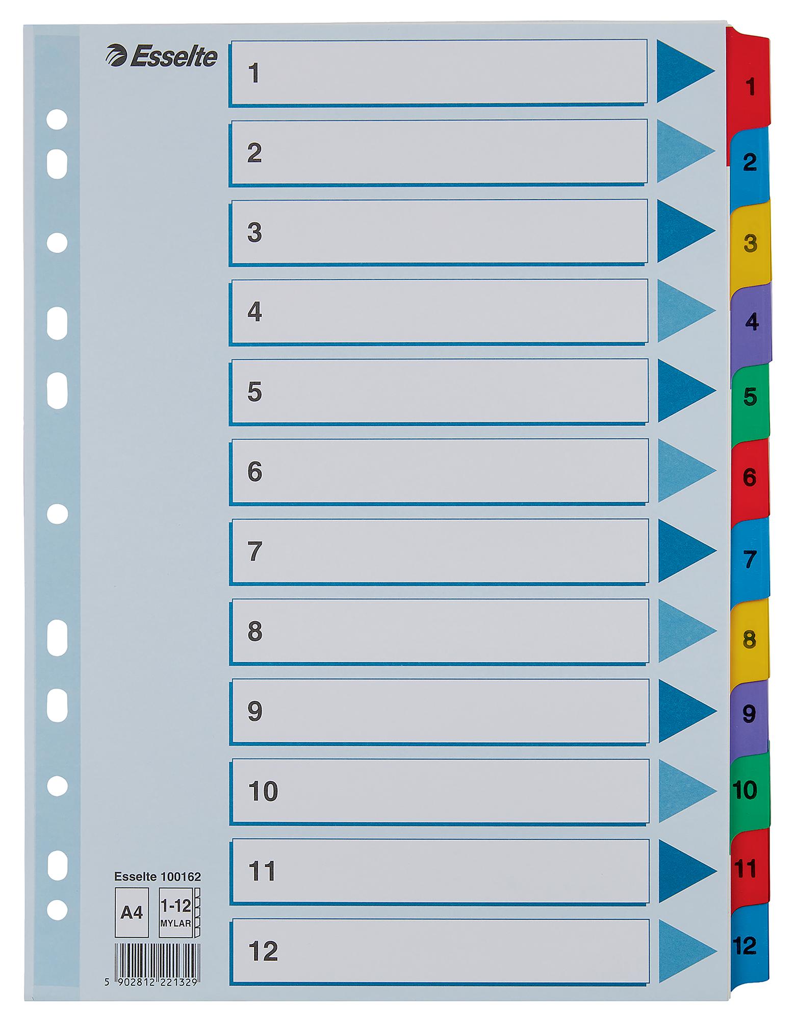 A4 Reinforced Index File Dividers with Mylar Tabs, 12 Pack - Esselte | CPC