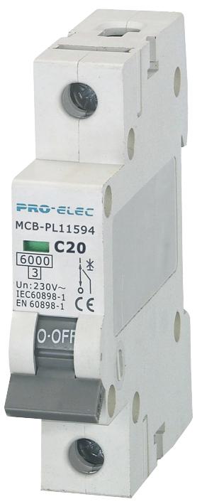 6 kA MCB SINGLE POLE TYPE C CURVE 20A AUB1 1P C20A PRO ELEC