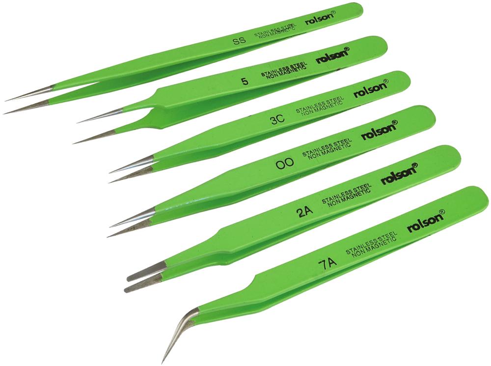 Epoxy Coated Electronic Tweezers, 6 Piece Rolson Tools CPC