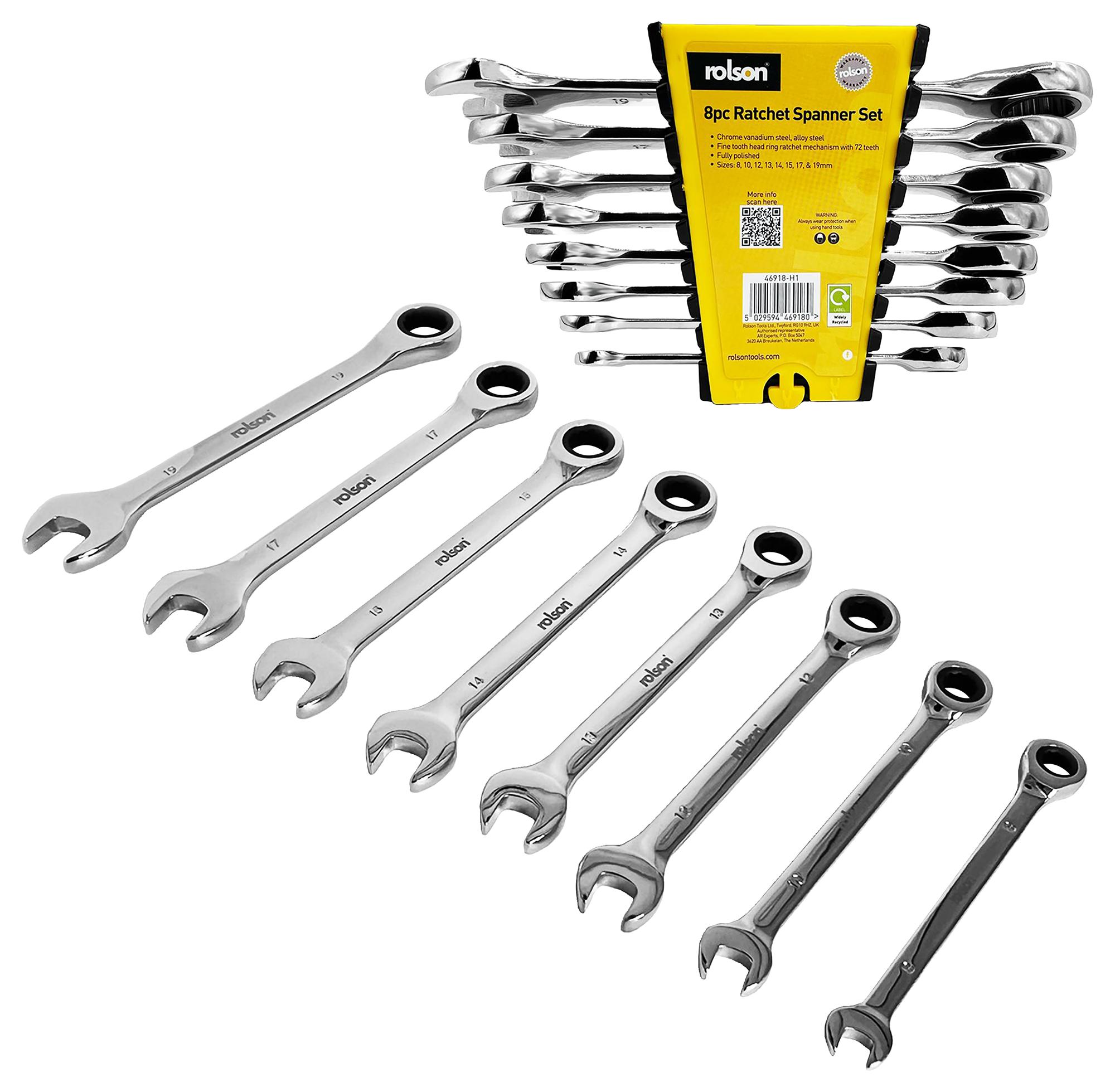 8mm - 19mm Combination Ratchet Spanner Set, 8 Piece - Rolson Tools | CPC