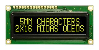 MCOB21605G1V-EYP - OLED Display Module, 16x2, Yellow on Black, 3.3V to 5V, Parallel
