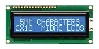 MC21605C6W-BNMLW-V2 - LCD Display Module, 16 x 2, White on Blue, 5V, Parallel, English, Japanese, Transmissive