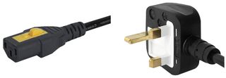 6051.2008 - UK Plug with 13A Fuse to Locking C13 Socket Mains Lead, 250V AC, 10A, 2m, Black