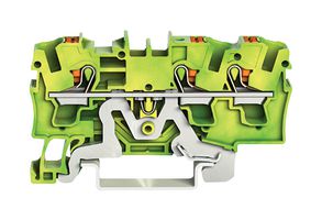 2204-1307 - 3 Conductor Ground Terminal Block with Push Button Cage Clamp and Test Port, 20AWG to 10AWG, DIN Rail, Green
