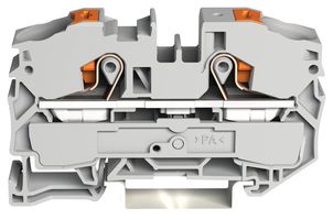 2216-1201 - 2 Conductor Through Terminal Block with Push Button, Push In Cage Clamp and Test Port, 800V, 76A, 20AWG to 4AWG,  Grey