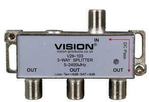 V26-103LED - 3-Way Splitter DC Pass 5-2400MHz LED Indicator V26-103LED