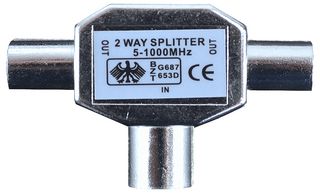 AC21B - 2 Way Metal Coax T Splitter, IEC Female to 2x IEC Male