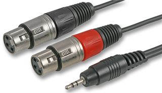 PLS00297 - 3.5mm Stereo Jack Plug to 2x 3 Pin XLR Sockets Lead, 1m Black