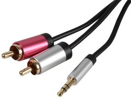 PSG3196-10M - Slim 3.5mm Stereo Plug to 2x Phono (RCA) Plug Lead with Aluminium Headshells, 10m Black