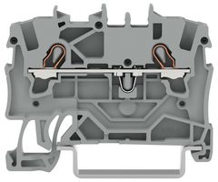 2001-1201 - 2 Conduct Through Terminal Block, Push in Cage Clamp, 35mm DIN Rail Mount, 22AWG to 14AWG, 800V, 17.5A, Grey