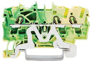 2002-1307 - 3 Conduct Ground Through Terminal Block, Push in Cage Clamp, 35mm DIN Rail Mount, 22AWG to 12AWG, 800V, 24A, Green