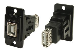 CP30707NMB - Dual Entry USB 2.0 Type B Socket to USB 2.0 Type A Socket Slim Feedthrough Connector, Black CSK Holes, Metal