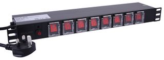PDS8-C13 - UK Mains Plug to 8 Way IEC C13 Switch Panel Rack PDU, 19" 1U