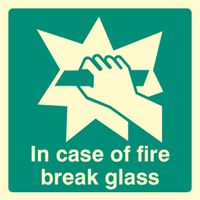 PPP.342G In Case Of Fire Break Glass Sign 100mm x 100mm Glow In The Dark 