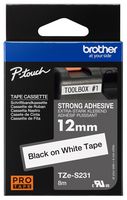 TZE-S231 - P-Touch Strong Adhesive Label Tape Black on White 1/2" / 12mm