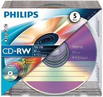 CW7D2CC05/00 - 12x Speed CD-RW Blank CDs 5 Colour - Slim Case 5 Pack