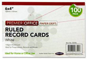 A2835446 - 152mm x 101mm Ruled Record Cards, White 100 Pack