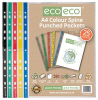 ECO130 - A4 Multi Colour Spine Punched Pockets, 100% Recycled Pack of 25