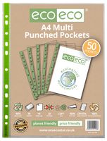 ECO148 - A4 100% Recycled Premier Reinforced Green Multi Punched Pockets, 50 Pack