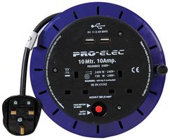 PEL00802 - 2 Gang Mains Extension Cassette Reel with USB, 10A, 10m