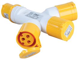 PELB0126 - 16A, 110V, CEE Plug to 3 Sockets, 2P+E, Yellow, IP44