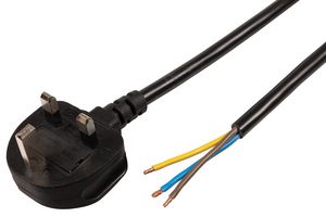 PELB2286 - UK Mains Plug with 13A Fuse to Bare Ends Mains Lead, 1.5mm, 6m, Black