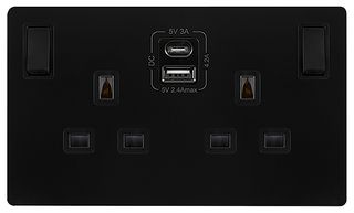SFBK786BK - Switched Sockets with USB A & USB C Sockets, 2 Gang, Double Pole, 13A, Black
