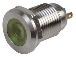 RJS01-12I-170P-G-BS-12V-67J - 12V AC/DC Green LED Indicator Lamp, 12mm, Flat, Brushed Steel