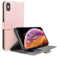 MA-UNB-033 - iPhone X / XS Protective Carbon Faux Leather Wallet, Rose Gold