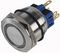 RJS103-25L-F-R-B-BS-12V-67J - Vandal Resistant 22 mm Brushed Steel Switch with Blue Ring Illumination, Momentary Spring Return, 1NO / 1NC, 250V / 5A, 12V LED