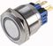 RJS103-25L-F-R-W-BS-12V-67J - Vandal Resistant 22 mm Brushed Steel Switch with White Ring Illumination, Momentary Spring Return, 1NO / 1NC, 250V / 5A, 12V LED