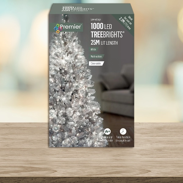 1000 LED White Christmas Tree Lights with Timer, 25m, Clear Cable